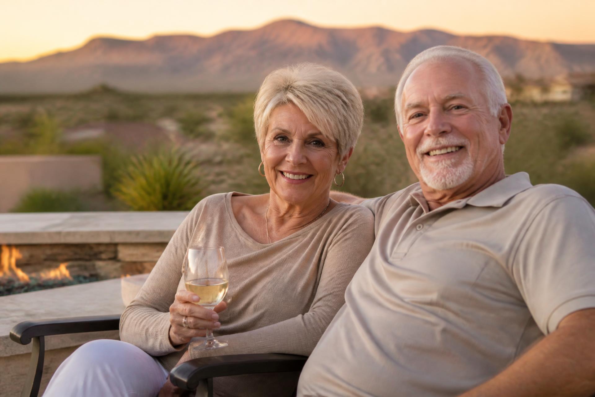 A Nevada couple in their sixties relaxing outdoors at sunset